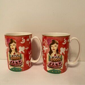 KATE SPADE LENOX JUST DESSERTS SET OF 2 MUGS RED WHITE Illustrated Collection